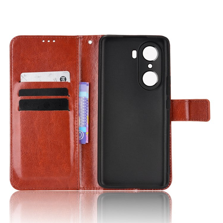 For Honor 60 Shockproof Crazy Horse Leather Phone Shell Wallet Stand Function Protector with Handy Strap - Brown
