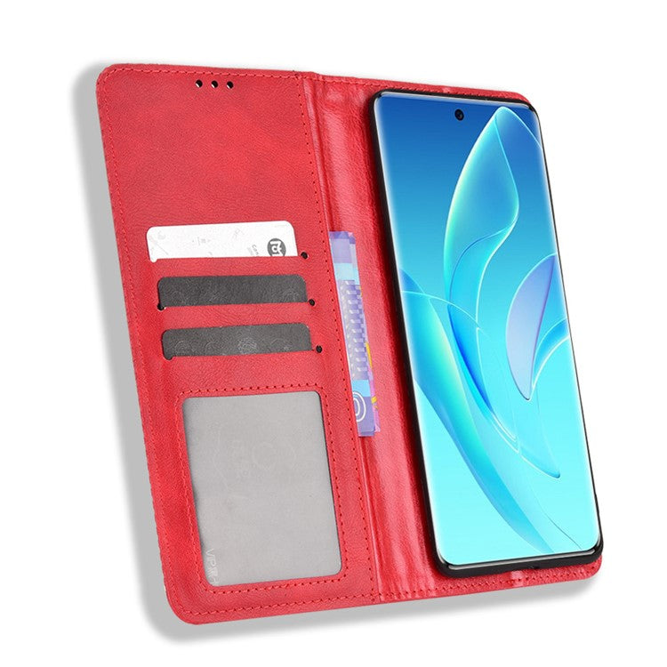 For Honor 60 PU Leather Wallet Vintage Cell Phone Case Mosaic Imprinted Shockproof Magnetic Anti-fall Cover - Red