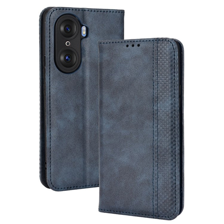 For Honor 60 PU Leather Wallet Vintage Cell Phone Case Mosaic Imprinted Shockproof Magnetic Anti-fall Cover - Blue