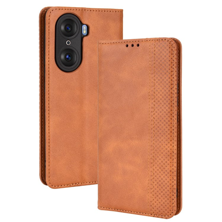 For Honor 60 PU Leather Wallet Vintage Cell Phone Case Mosaic Imprinted Shockproof Magnetic Anti-fall Cover - Brown