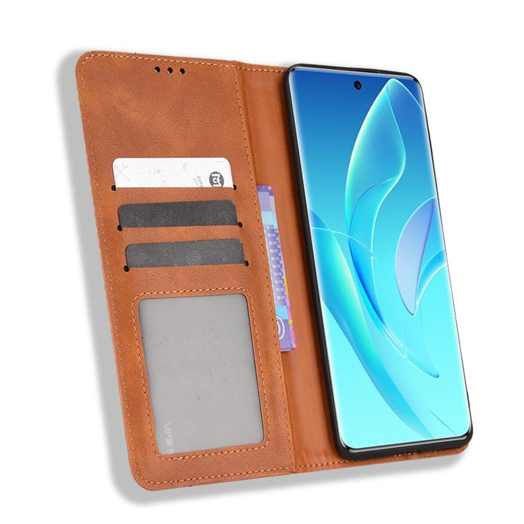 For Honor 60 PU Leather Wallet Vintage Cell Phone Case Mosaic Imprinted Shockproof Magnetic Anti-fall Cover - Brown