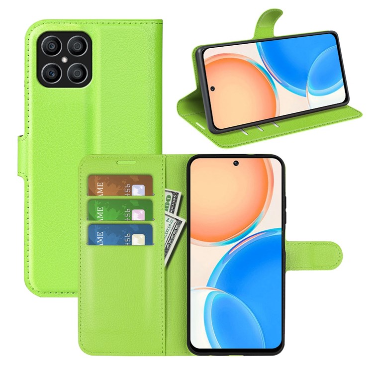 For Honor X8 4G Litchi Texture PU Leather Wallet Mobile Phone Case Stand Function Drop-proof Phone Cover - Green