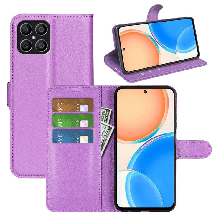 For Honor X8 4G Litchi Texture PU Leather Wallet Mobile Phone Case Stand Function Drop-proof Phone Cover - Purple