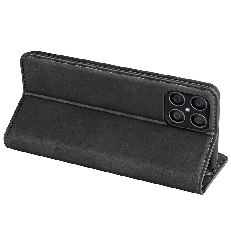 For Honor X8 4G Skin-touch Folio Flip Leather Cover Auto-absorbed Magnetic Phone Wallet Stand Case - Black