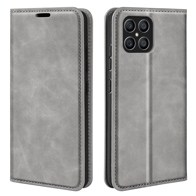 For Honor X8 4G Skin-touch Folio Flip Leather Cover Auto-absorbed Magnetic Phone Wallet Stand Case - Grey