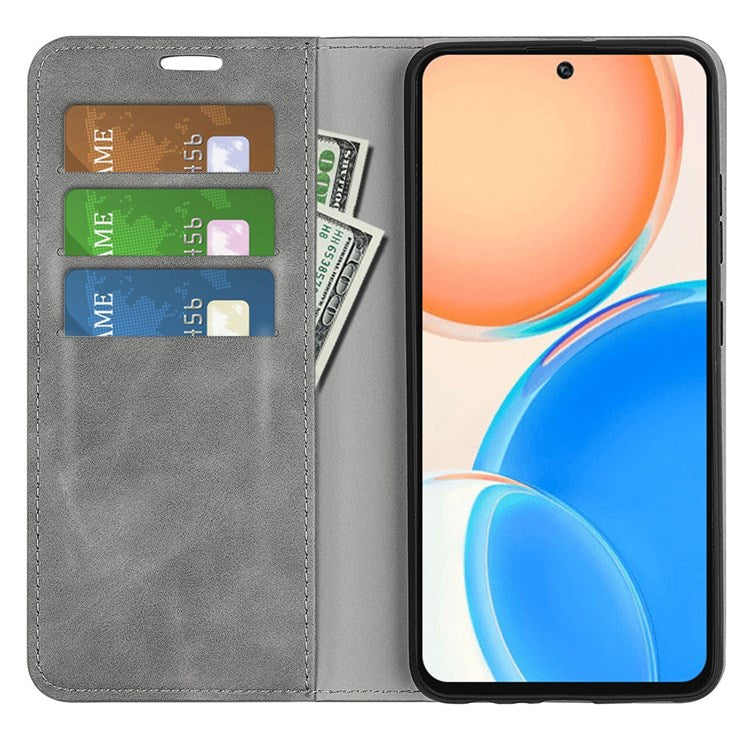 For Honor X8 4G Skin-touch Folio Flip Leather Cover Auto-absorbed Magnetic Phone Wallet Stand Case - Grey