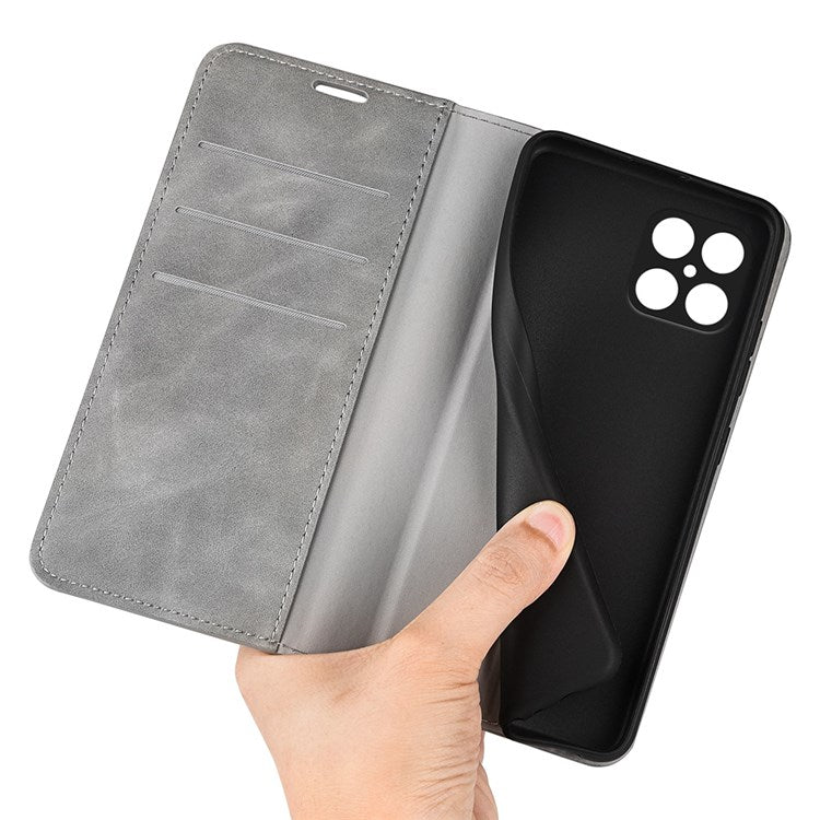 For Honor X8 4G Skin-touch Folio Flip Leather Cover Auto-absorbed Magnetic Phone Wallet Stand Case - Grey