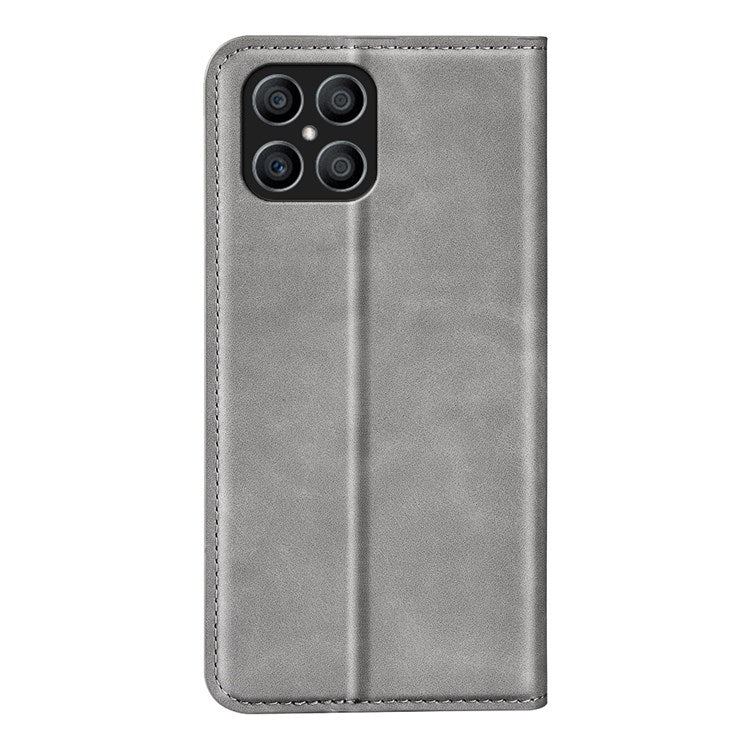 For Honor X8 4G Skin-touch Folio Flip Leather Cover Auto-absorbed Magnetic Phone Wallet Stand Case - Grey
