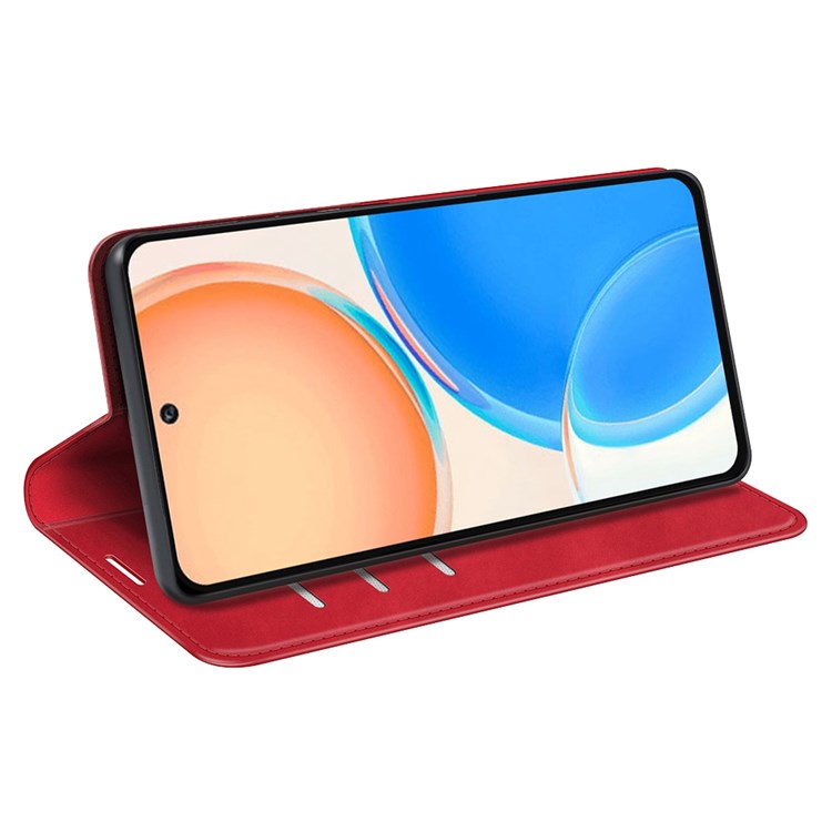 For Honor X8 4G Skin-touch Folio Flip Leather Cover Auto-absorbed Magnetic Phone Wallet Stand Case - Red