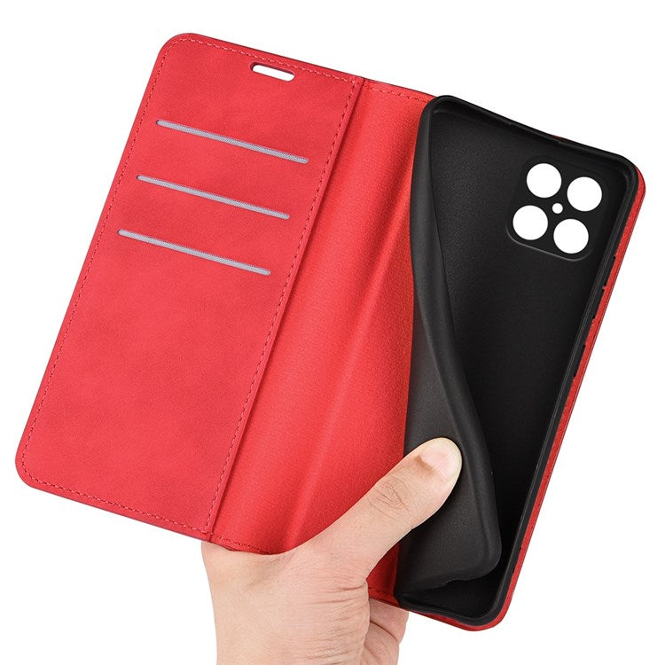 For Honor X8 4G Skin-touch Folio Flip Leather Cover Auto-absorbed Magnetic Phone Wallet Stand Case - Red