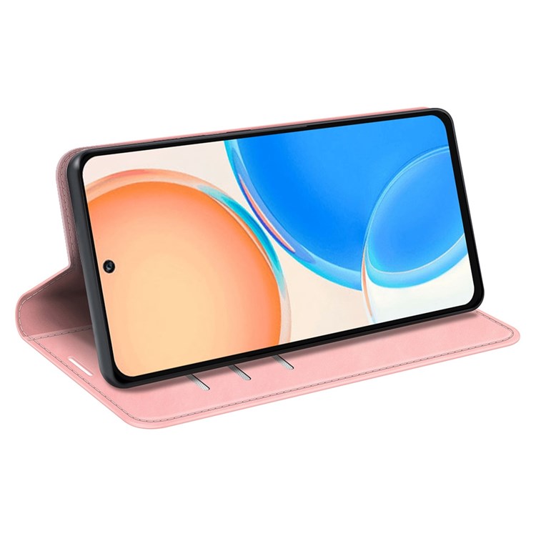 For Honor X8 4G Skin-touch Folio Flip Leather Cover Auto-absorbed Magnetic Phone Wallet Stand Case - Pink