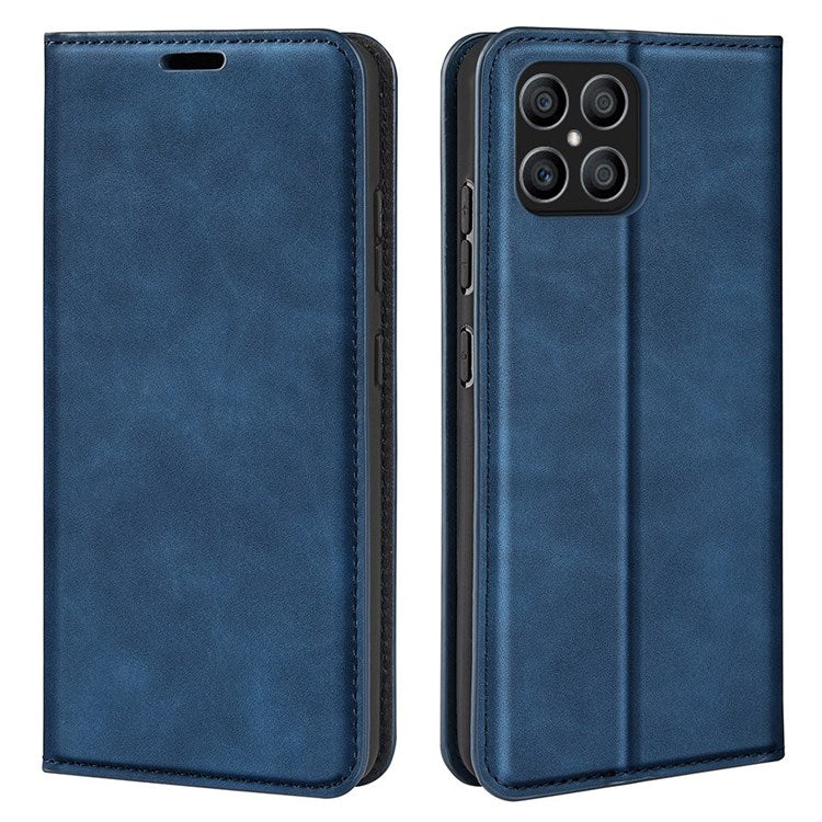 For Honor X8 4G Skin-touch Folio Flip Leather Cover Auto-absorbed Magnetic Phone Wallet Stand Case - Blue
