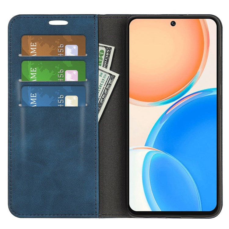 For Honor X8 4G Skin-touch Folio Flip Leather Cover Auto-absorbed Magnetic Phone Wallet Stand Case - Blue