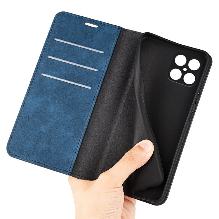 For Honor X8 4G Skin-touch Folio Flip Leather Cover Auto-absorbed Magnetic Phone Wallet Stand Case - Blue