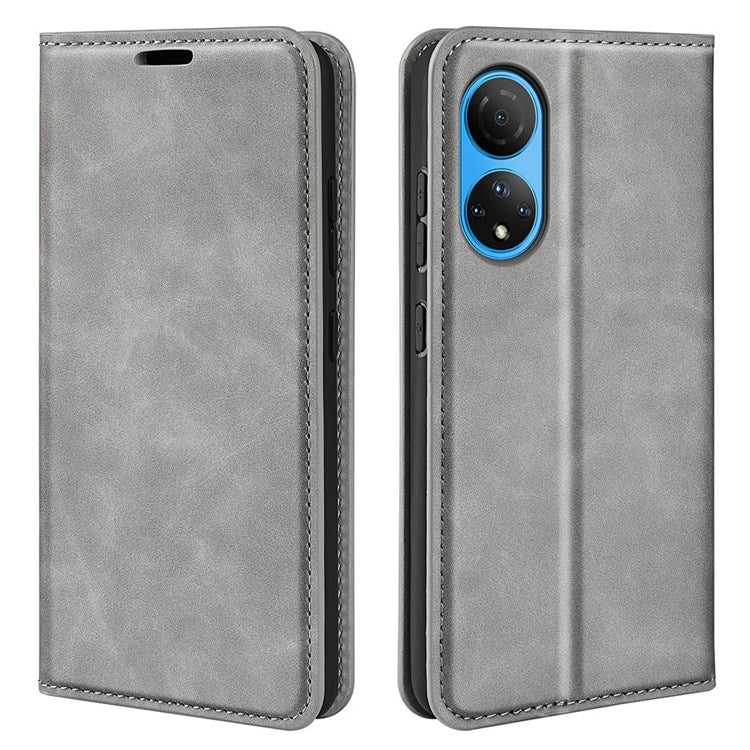 For Honor X7 Skin-touch Feeling PU Leather Cover Magnetic Auto-absorbed Phone Wallet Stand Case - Grey