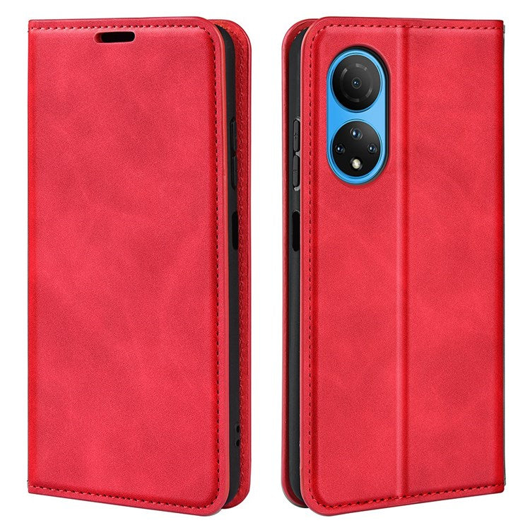For Honor X7 Skin-touch Feeling PU Leather Cover Magnetic Auto-absorbed Phone Wallet Stand Case - Red