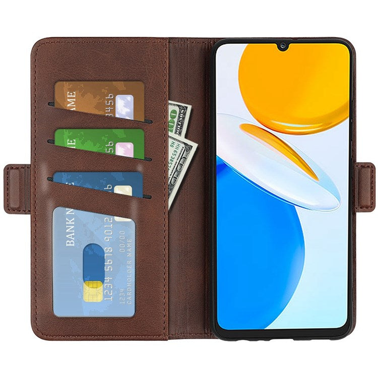 For Honor X7 Dual Clasp Textured PU Leather Phone Case Anti-drop Protective Cover with Stand Wallet - Brown