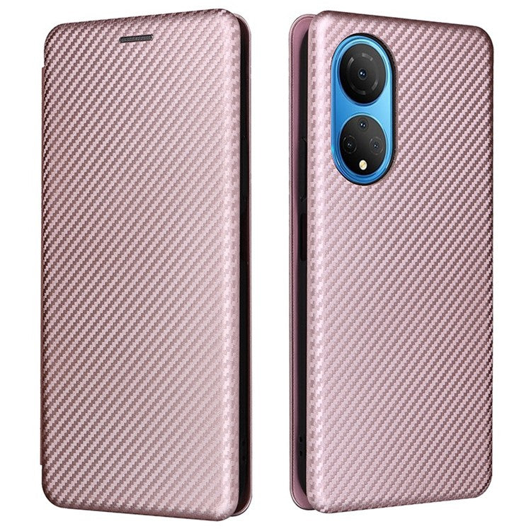 For Honor X7 Carbon Fiber Texture Folio Flip Anti-scratch PU Leather Case Magnetic Auto-absorbed Stand Phone Cover - Rose Gold