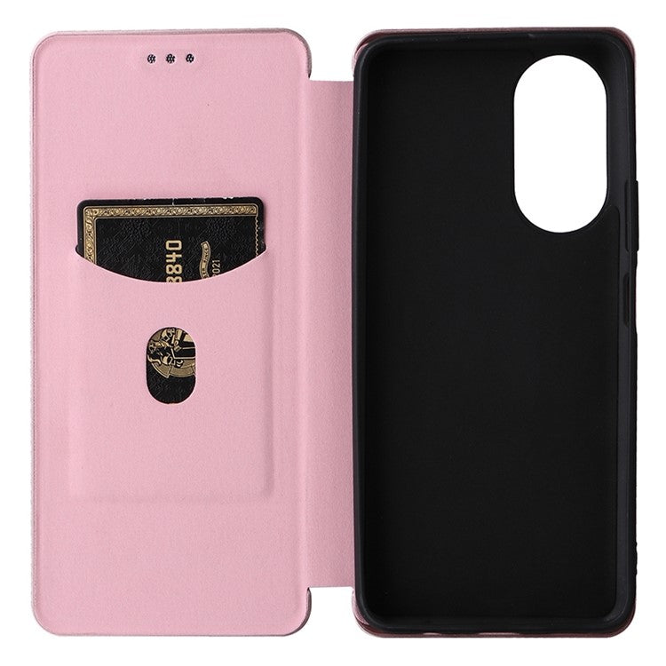 For Honor X7 Carbon Fiber Texture Folio Flip Anti-scratch PU Leather Case Magnetic Auto-absorbed Stand Phone Cover - Rose Gold