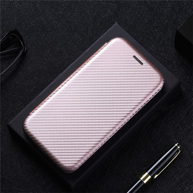 For Honor X7 Carbon Fiber Texture Folio Flip Anti-scratch PU Leather Case Magnetic Auto-absorbed Stand Phone Cover - Rose Gold