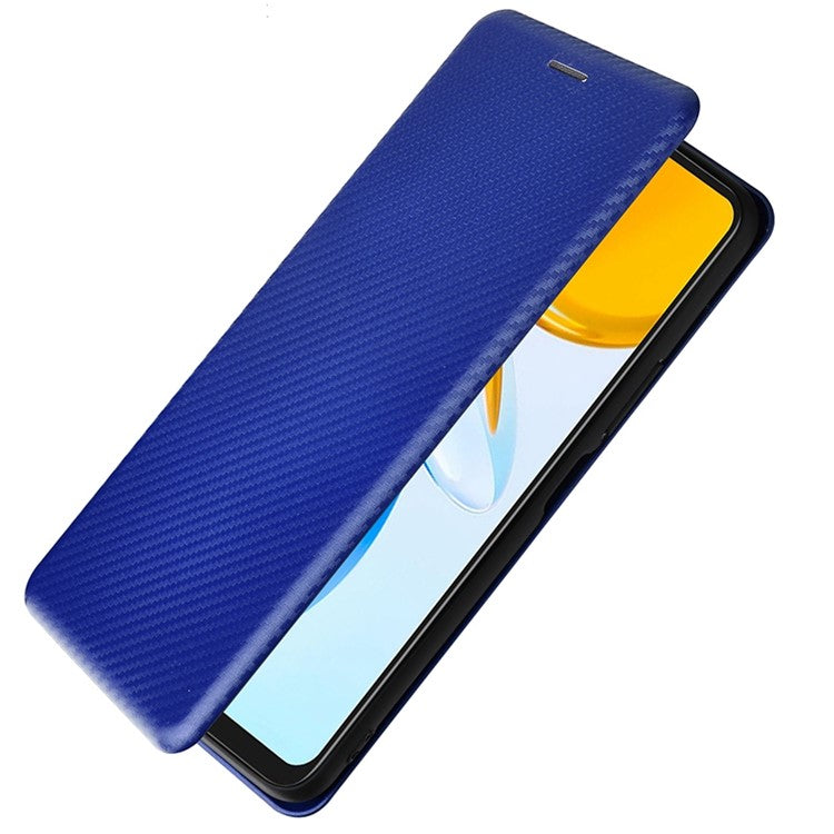 For Honor X7 Carbon Fiber Texture Folio Flip Anti-scratch PU Leather Case Magnetic Auto-absorbed Stand Phone Cover - Blue