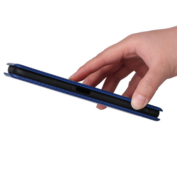 For Honor X7 Carbon Fiber Texture Folio Flip Anti-scratch PU Leather Case Magnetic Auto-absorbed Stand Phone Cover - Blue