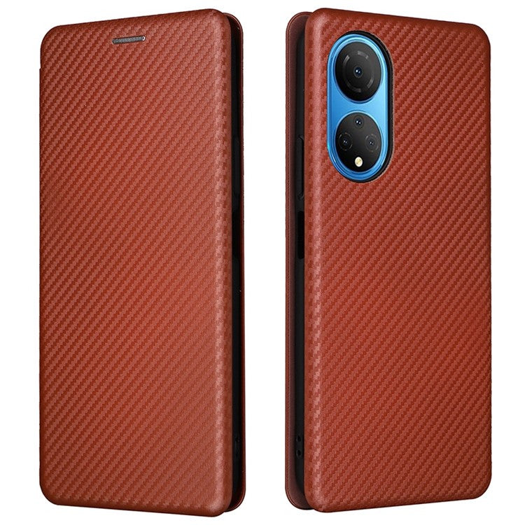 For Honor X7 Carbon Fiber Texture Folio Flip Anti-scratch PU Leather Case Magnetic Auto-absorbed Stand Phone Cover - Orange