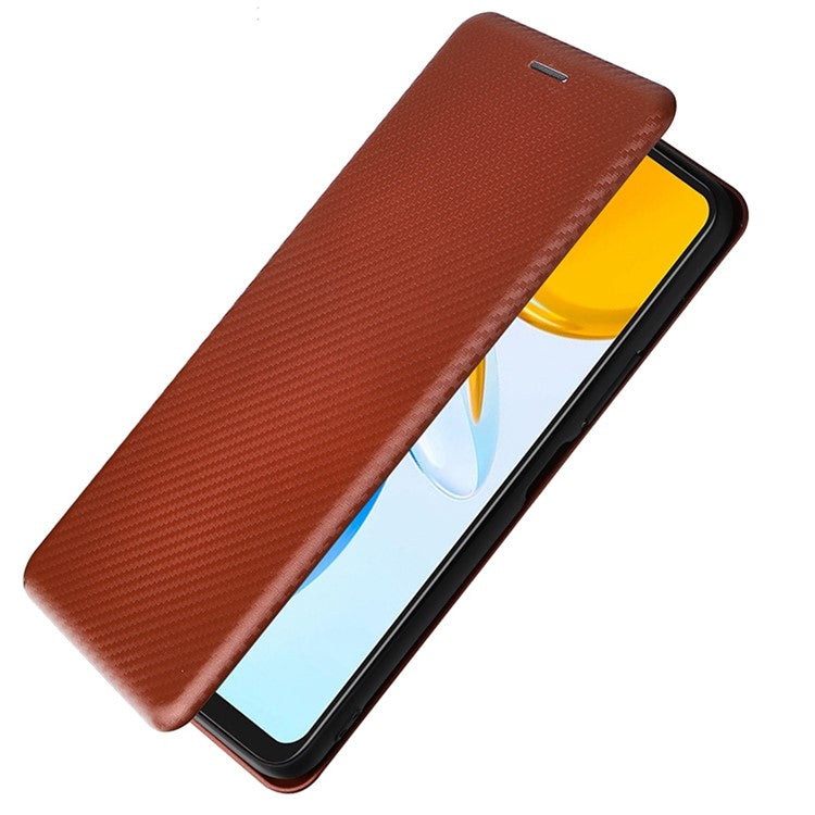For Honor X7 Carbon Fiber Texture Folio Flip Anti-scratch PU Leather Case Magnetic Auto-absorbed Stand Phone Cover - Orange