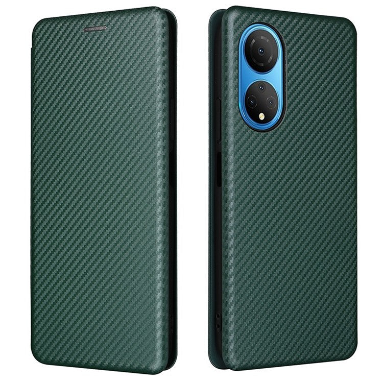 For Honor X7 Carbon Fiber Texture Folio Flip Anti-scratch PU Leather Case Magnetic Auto-absorbed Stand Phone Cover - Green