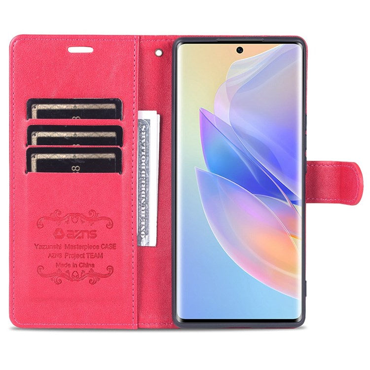 AZNS Textured PU Leather Phone Case for Honor 60 SE Protective Folio Flip Cover TPU Shockproof Stand Case with Wallet - Red