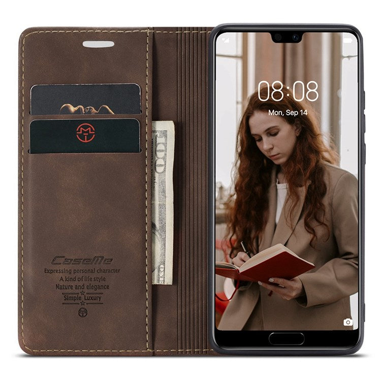 CASEME 013 Series For Huawei P20 Pro Phone Cover Anti-scratch Magnetic Auto-absorbed PU Leather Wallet Foldable Stand Smartphone Case - Coffee