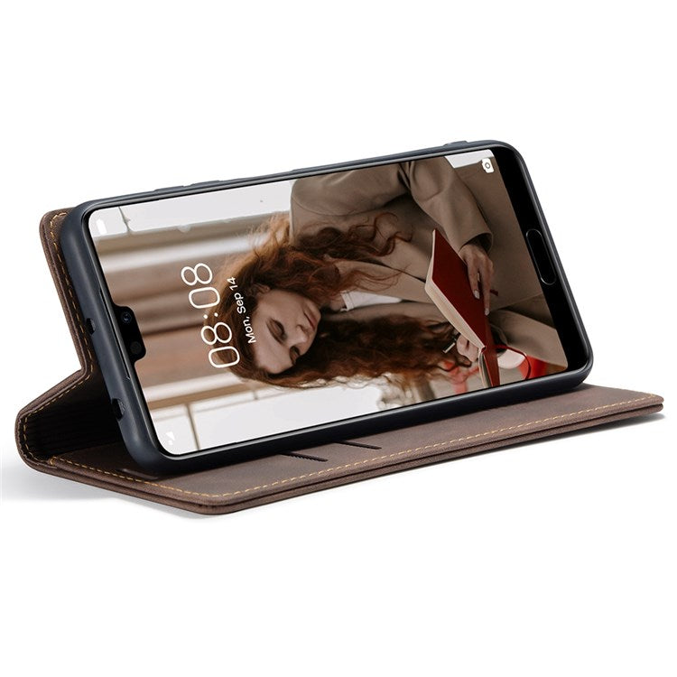 CASEME 013 Series For Huawei P20 Pro Phone Cover Anti-scratch Magnetic Auto-absorbed PU Leather Wallet Foldable Stand Smartphone Case - Coffee