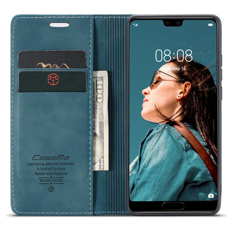 CASEME 013 Series For Huawei P20 Pro Phone Cover Anti-scratch Magnetic Auto-absorbed PU Leather Wallet Foldable Stand Smartphone Case - Blue