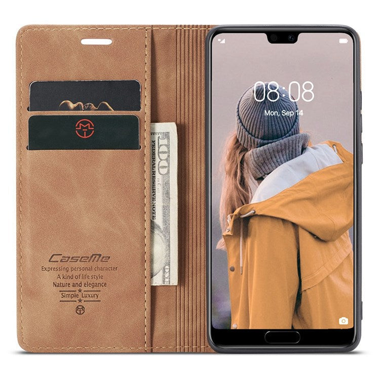 CASEME 013 Series For Huawei P20 Pro Phone Cover Anti-scratch Magnetic Auto-absorbed PU Leather Wallet Foldable Stand Smartphone Case - Brown