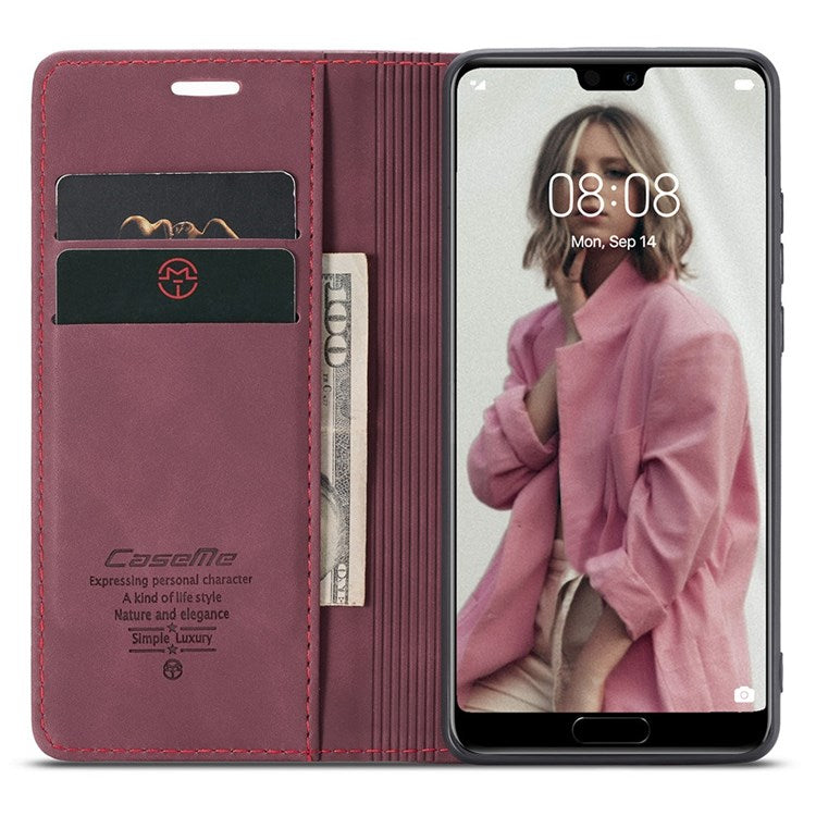 CASEME 013 Series For Huawei P20 Pro Phone Cover Anti-scratch Magnetic Auto-absorbed PU Leather Wallet Foldable Stand Smartphone Case - Red