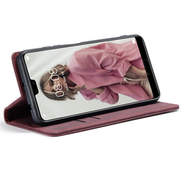 CASEME 013 Series For Huawei P20 Pro Phone Cover Anti-scratch Magnetic Auto-absorbed PU Leather Wallet Foldable Stand Smartphone Case - Red