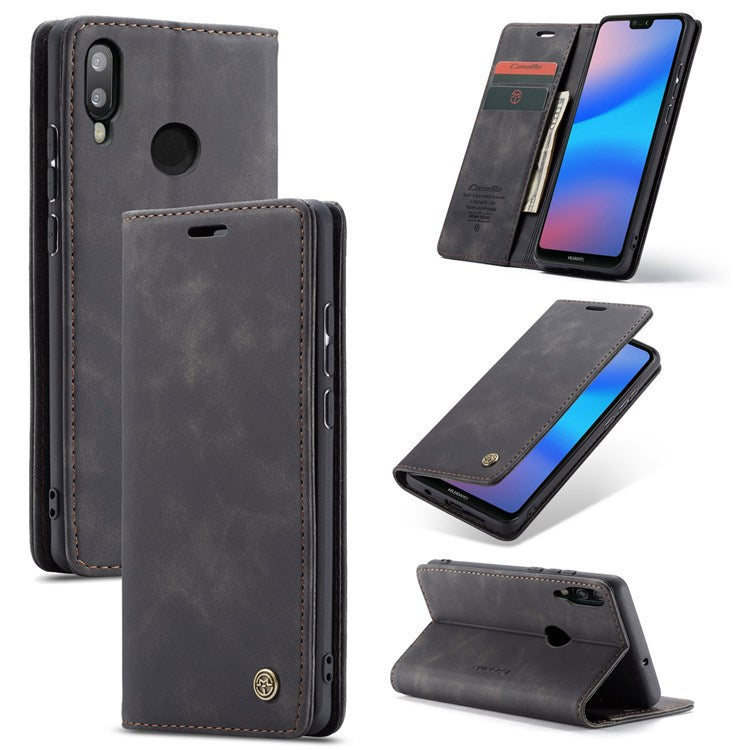 CASEME 013 Series Lightweight Mobile Phone Case Bag for Huawei P20 Lite (2018)/Nova 3e (China), Auto-absorbed PU Leather Wallet Foldable Stand Phone Cover - Black