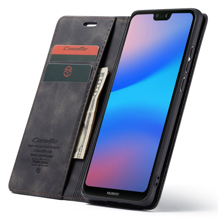 CASEME 013 Series Lightweight Mobile Phone Case Bag for Huawei P20 Lite (2018)/Nova 3e (China), Auto-absorbed PU Leather Wallet Foldable Stand Phone Cover - Black