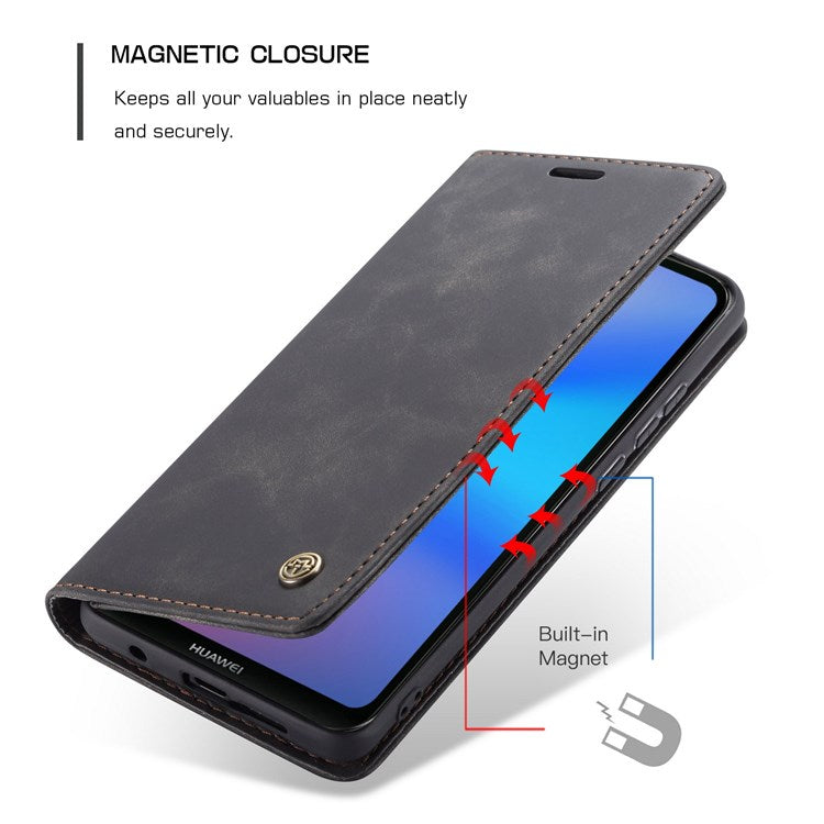 CASEME 013 Series Lightweight Mobile Phone Case Bag for Huawei P20 Lite (2018)/Nova 3e (China), Auto-absorbed PU Leather Wallet Foldable Stand Phone Cover - Black