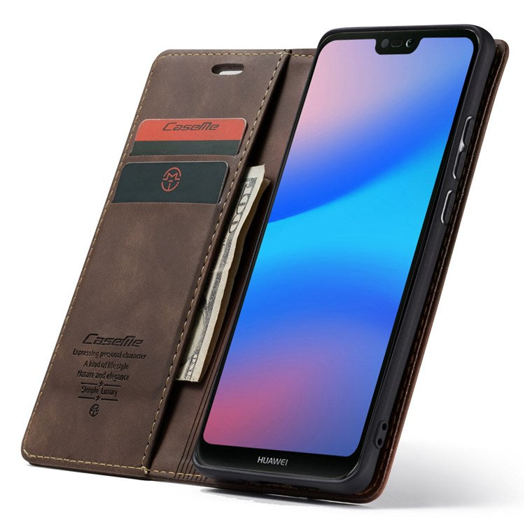 CASEME 013 Series Lightweight Mobile Phone Case Bag for Huawei P20 Lite (2018)/Nova 3e (China), Auto-absorbed PU Leather Wallet Foldable Stand Phone Cover - Coffee