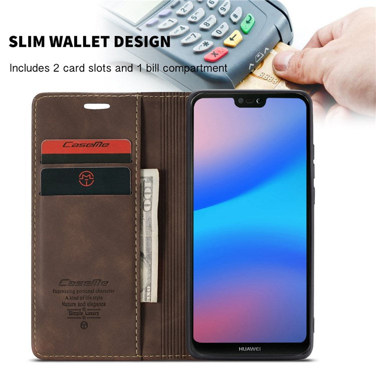 CASEME 013 Series Lightweight Mobile Phone Case Bag for Huawei P20 Lite (2018)/Nova 3e (China), Auto-absorbed PU Leather Wallet Foldable Stand Phone Cover - Coffee