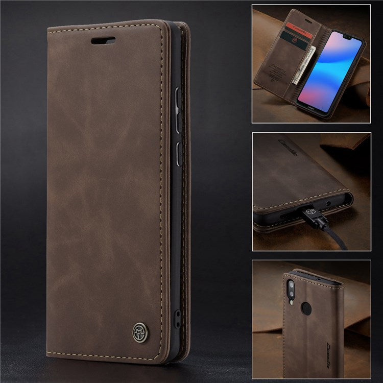 CASEME 013 Series Lightweight Mobile Phone Case Bag for Huawei P20 Lite (2018)/Nova 3e (China), Auto-absorbed PU Leather Wallet Foldable Stand Phone Cover - Coffee