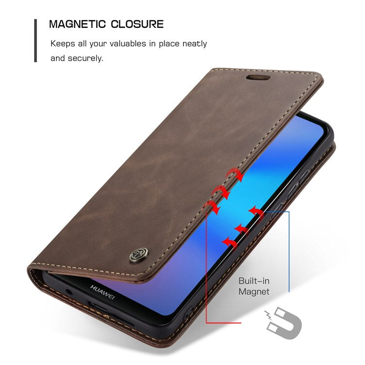 CASEME 013 Series Lightweight Mobile Phone Case Bag for Huawei P20 Lite (2018)/Nova 3e (China), Auto-absorbed PU Leather Wallet Foldable Stand Phone Cover - Coffee