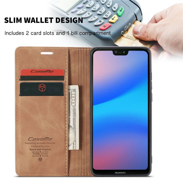 CASEME 013 Series Lightweight Mobile Phone Case Bag for Huawei P20 Lite (2018)/Nova 3e (China), Auto-absorbed PU Leather Wallet Foldable Stand Phone Cover - Brown