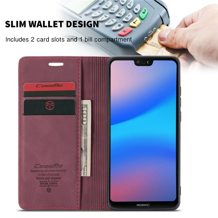 CASEME 013 Series Lightweight Mobile Phone Case Bag for Huawei P20 Lite (2018)/Nova 3e (China), Auto-absorbed PU Leather Wallet Foldable Stand Phone Cover - Red