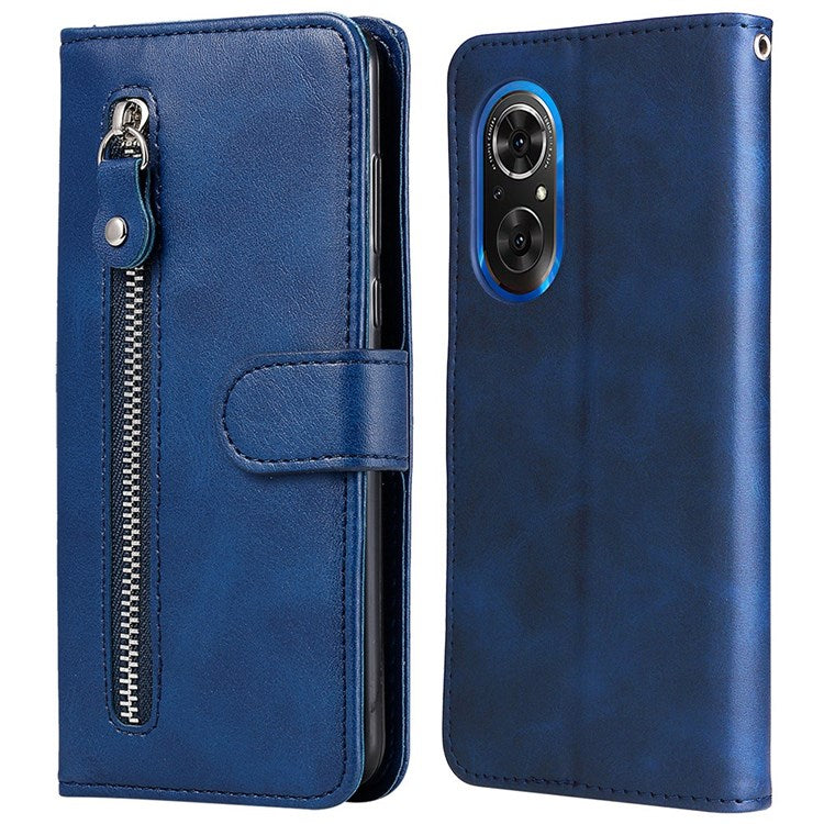 For Honor 50 SE/Huawei nova 9 SE PU Leather Zipper Pocket Wallet Phone Case Magnetic Closure Stand Carrying Pouch Cover - Blue