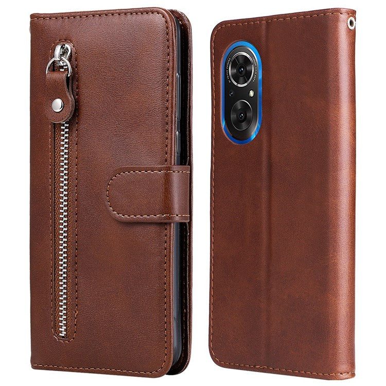 For Honor 50 SE/Huawei nova 9 SE PU Leather Zipper Pocket Wallet Phone Case Magnetic Closure Stand Carrying Pouch Cover - Brown