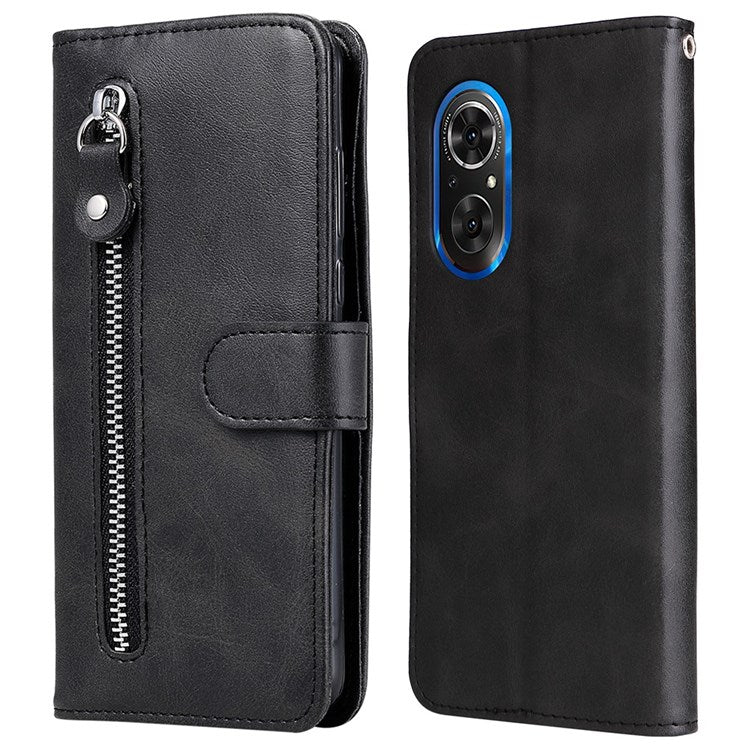 For Honor 50 SE/Huawei nova 9 SE PU Leather Zipper Pocket Wallet Phone Case Magnetic Closure Stand Carrying Pouch Cover - Black