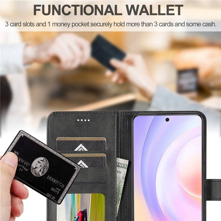 LC.IMEEKE For Honor 50 SE Textured PU Leather Wallet Case Adjustable Stand Folio Flip Phone Cover - Black