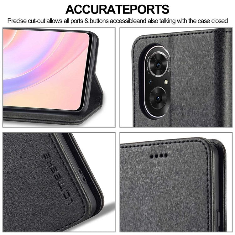 LC.IMEEKE For Honor 50 SE Textured PU Leather Wallet Case Adjustable Stand Folio Flip Phone Cover - Black